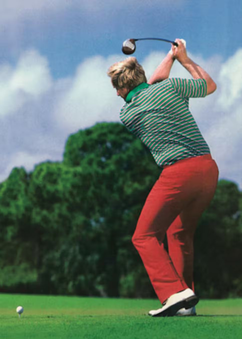 A young Jack mid-swing in a green striped shirt and red trousers, the gold numeral 18 overlaid.