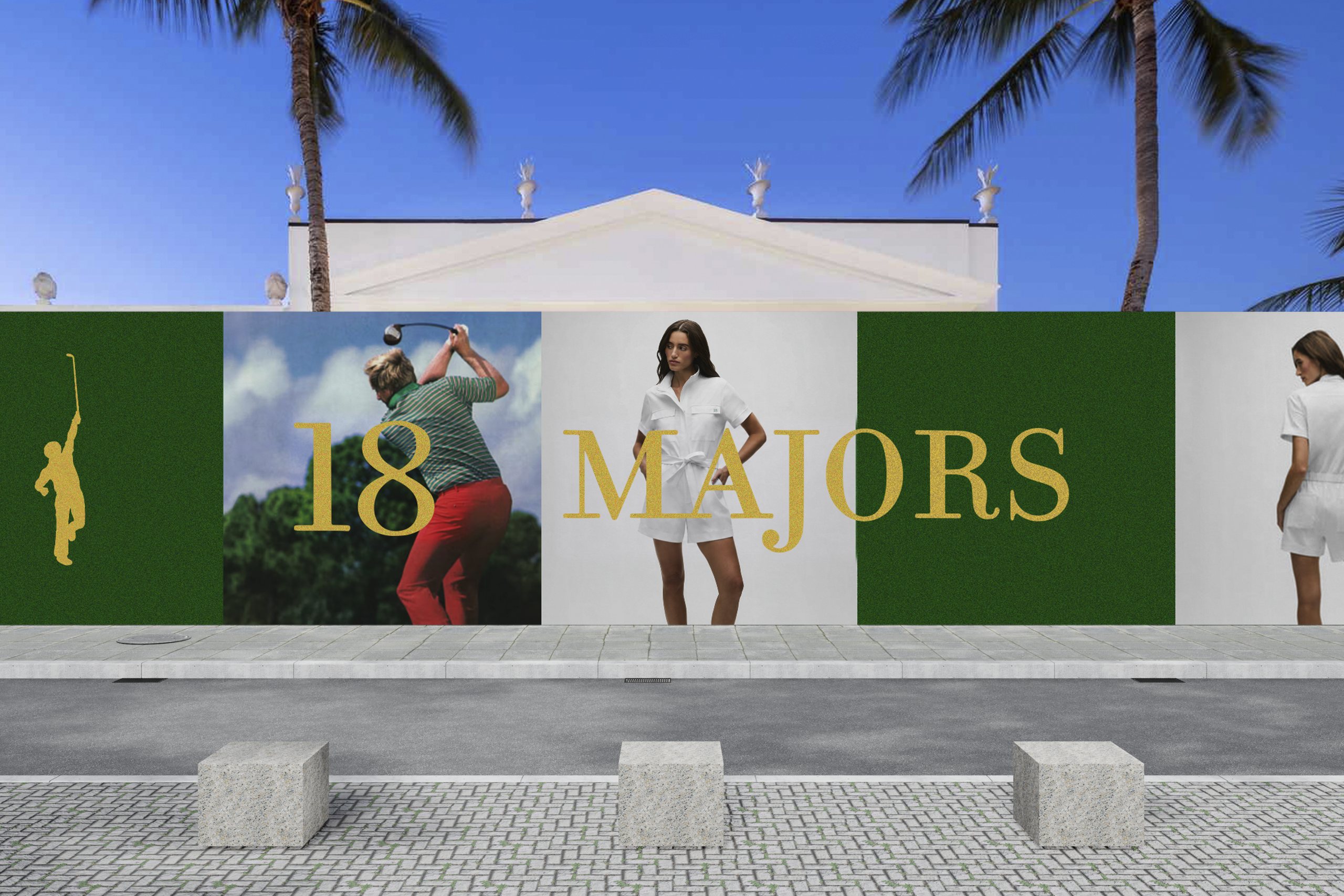 An 18 Majors out-of-home campaign in Palm Beach: green panels carrying the gold golfer silhouette and the 18 Majors name beneath the palms, archive photography of Jack and the caddie suit between them.