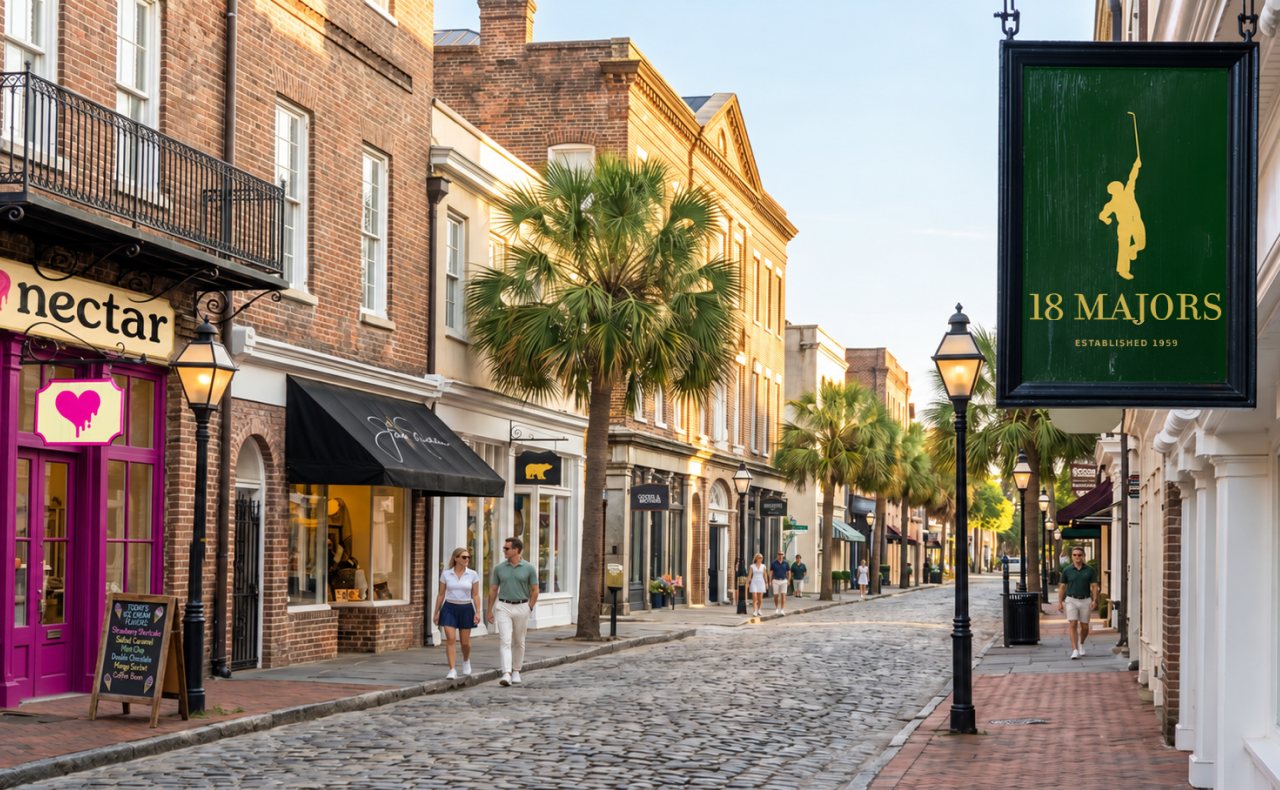 A hand-painted 18 Majors hanging sign, gold golfer silhouette and name on a deep green ground, above a historic cobblestone shopping street.