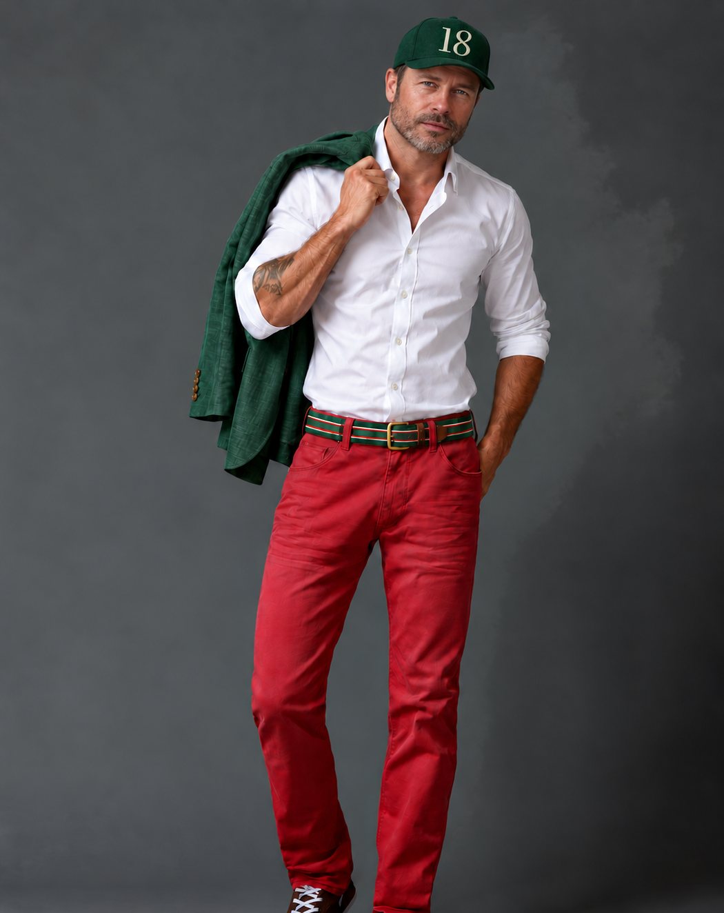 Contemporary model in a white shirt and red trousers, a green jacket over the shoulder and the green 18 cap.