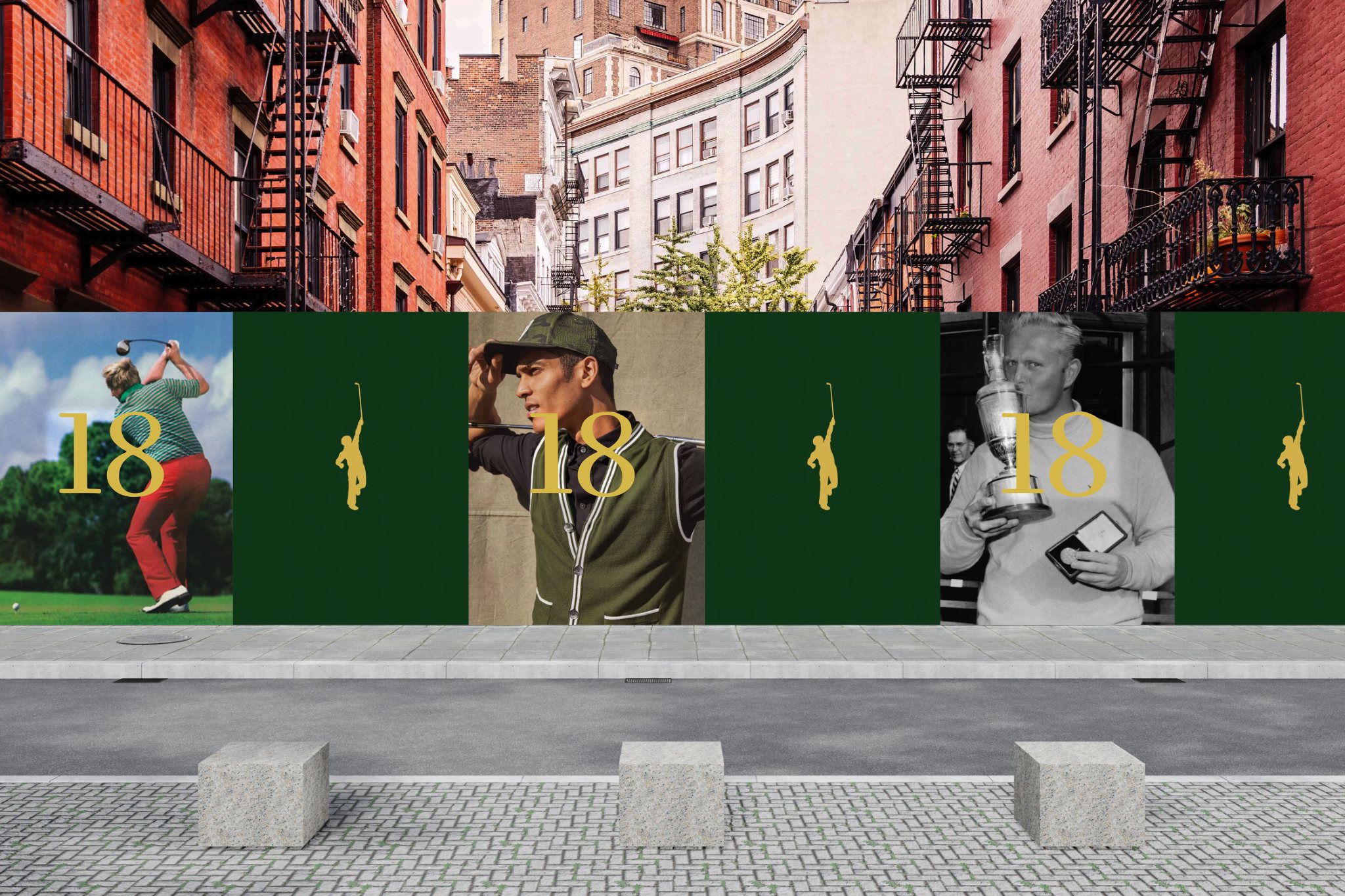 A city block wrapped in 18 Majors campaign panels, each carrying the gold numeral 18 and the golfer silhouette.