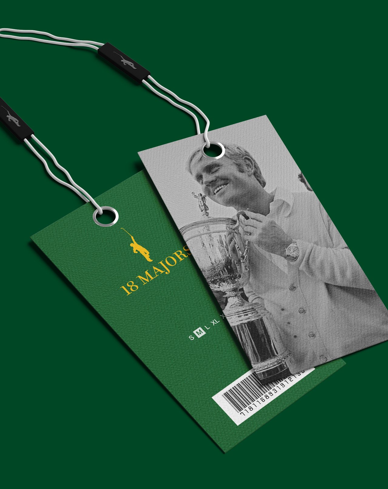 Green swing tags with the gold golfer silhouette and an archive trophy photograph.
